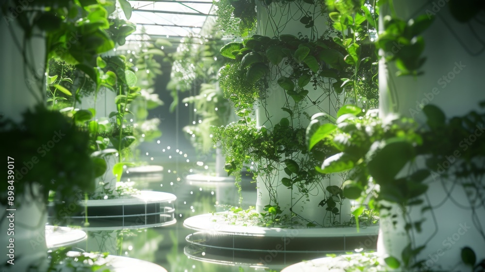 Poster green vines and plants grow vertically around white columns in an indoor setting, with water feature