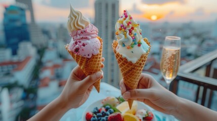 Hand holding a tasty ice cream in a city with skyscrapers
