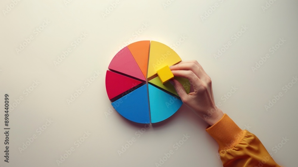 Poster hand placing a block in a circular 3d pie chart on a light background with copy space. representing 