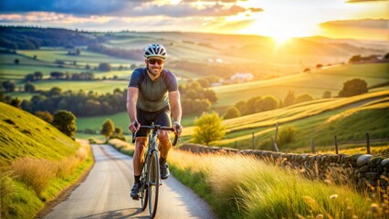 Obraz premium Cyclist riding through a picturesque countryside