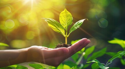 hand holding young plant on blur green nature background. concept eco earth day, earth day, generative ai