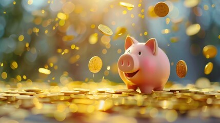 Happy piggy bank and falling gold coins. Coins falling on a excited piggy bank. Finance, investment, bankruptcy, mortgage, saving, money concept