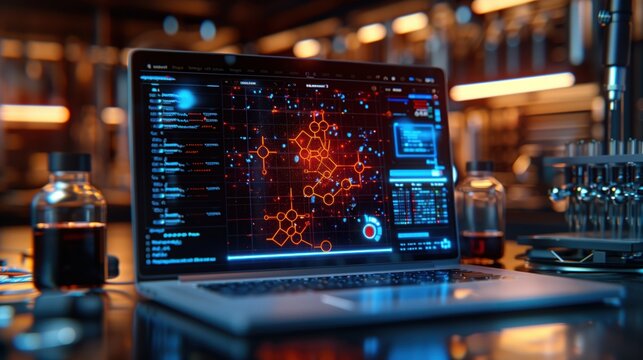 Laptop Showing Digital Chemical Diagrams in Lab. Laptop with digital chemical diagrams on the screen sits in a high-tech laboratory, surrounded by various bottles and scientific instruments.