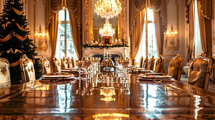 Obraz premium Luxurious dining room with large polished wooden table and chandeliers. Concept of opulent interiors, elegant dining setting, high-end home decor, festive dining ambiance