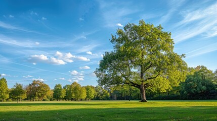 Mature tree in sunny park with blue sky