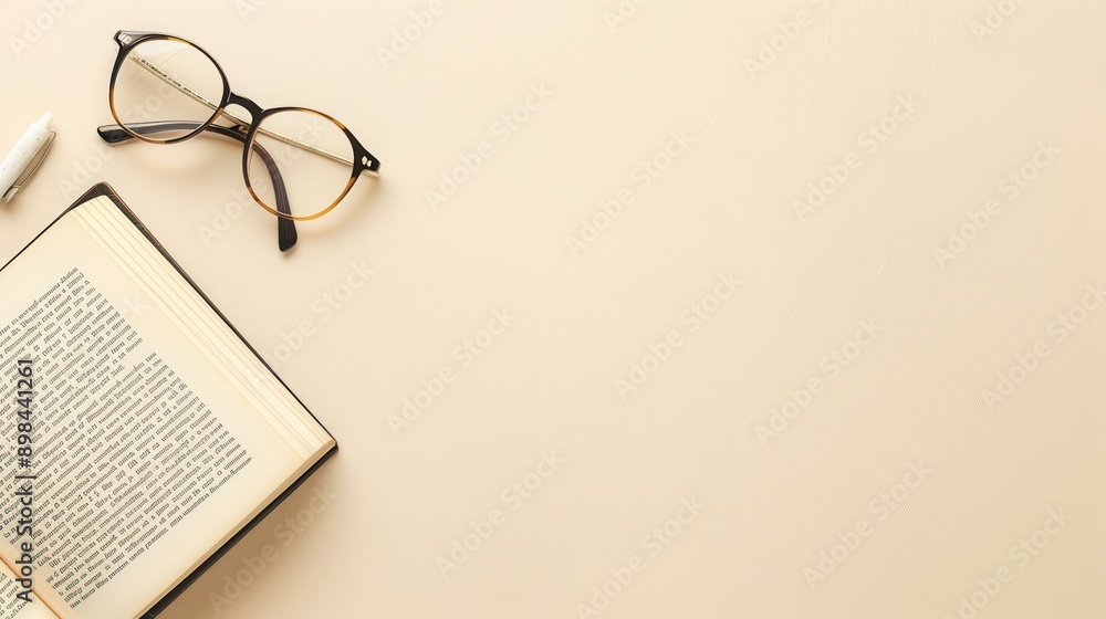 Aufkleber a flat lay composition of a book lying open on a beige surface, with eyeglasses and a white pen besi