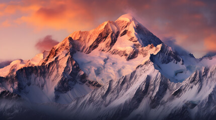 Serene Sunset over Snow-Covered Peaks: A Majestic Display of Nature's Splendor