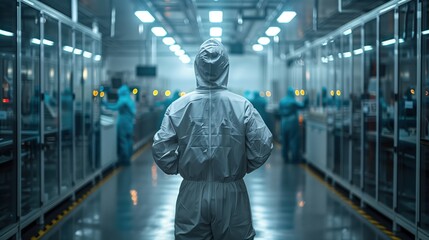 Fototapeta premium Researcher dressed in full personal protective equipment (PPE) stands in an advanced laboratory, emphasizing the importance of safety in cutting-edge research environments.