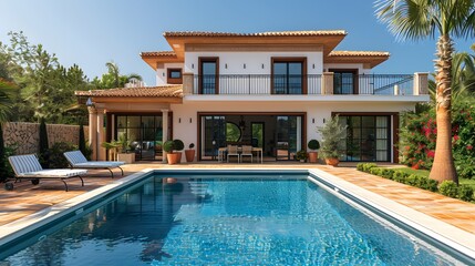 A luxurious villa with a swimming pool and sun loungers surrounded by lush greenery and vibrant flowers in a tranquil setting. 