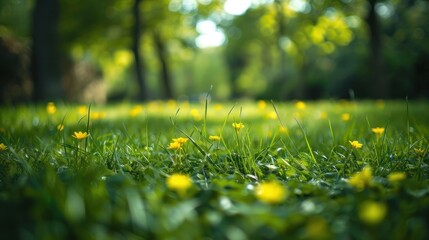 Fototapeta premium In the morning, young green grass and wild yellow flowers are growing on the lawn in the spring.