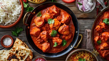 indian food feast with chicken tikka masala curry, tandoori chicken and appetizers