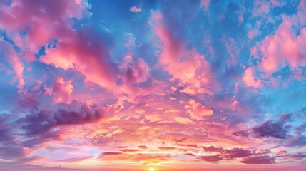 Obraz premium Majestic panoramic sky at sunrise with colorful clouds and no birds