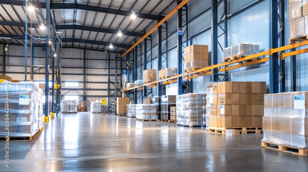 Poster several pallets holding stacks of white bags are stored in a large, warehouse-style building with a 