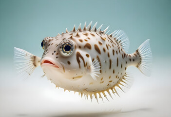 A highly detailed and realistic rendering of a pufferfish against a gradient background that transitions from light blue at the top to white at the bottom