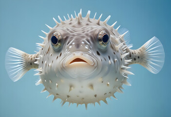 Obraz premium Front view of pufferfish against a blue background. The image has a clean, modern aesthetic with sharp detail and soft lighting.