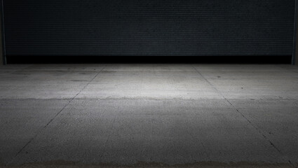 Cement road surface with garage door in the background at night. 3d rendering
