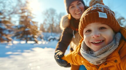 Mother and child enjoying a winter day outdoors, smiling and having fun. Concept of family bonding, outdoor activities, winter joy, and happiness
