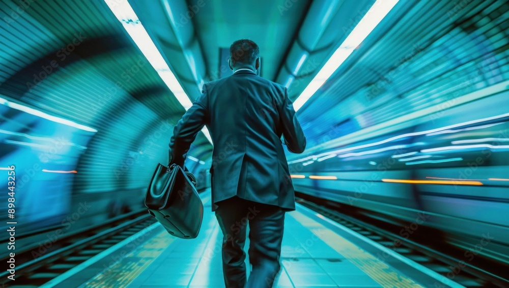 Wall mural businessman running on train platform with briefcase. generative ai