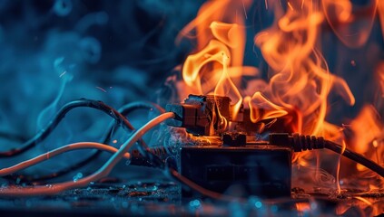 Close-Up of Electrical Plug and Wire on Fire. Generative ai