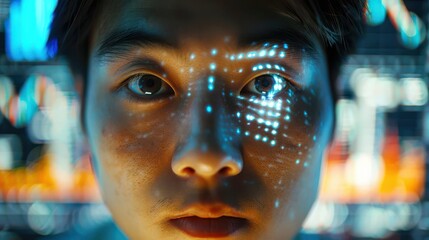 A close-up of a person's face with digital data overlayed on their skin, creating a futuristic and abstract image.