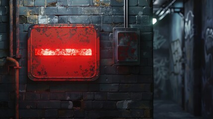 Worn-out, graffiti-covered alleyway with a red, illuminated sign, metal pipes, and a utility box. The scene is characterized by urban decay, with the sign being the focal point
