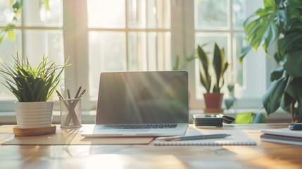 Fototapeta premium Sunlit home office desk with laptop near large windows. Concept of remote work, home office, workspace, productivity. Copy space