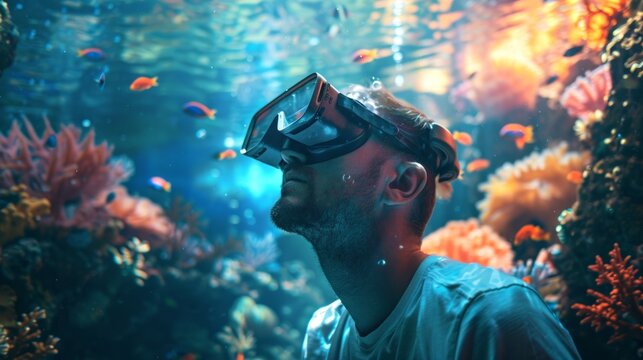 Caucasian man exploring underwater world with virtual reality headset. Concept of VR technology, digital immersion, marine exploration, aquatic virtual experiences