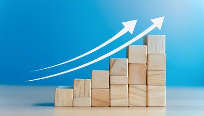 Wooden cubes chart, steps and white rising up arrow on blue background. Business growth concept