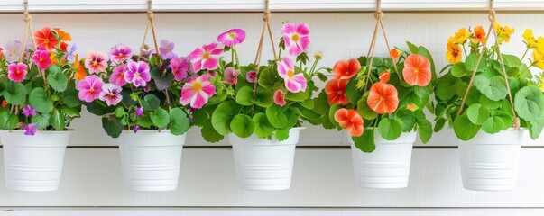 Compact terrace garden with hanging pots, vibrant flowers