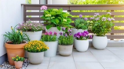 Small garden with container plants on a terrace, easy to maintain
