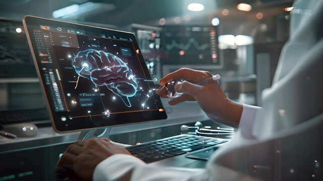 Doctor working with laptop computer on table use hologram to show medical data from patient brain using virtual reality technology for lab work and precision medicine. Ai Footage.