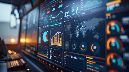 Fototapeta premium Transportation and delivery monitor room. Tracking AI and automatic robotic for transport packages in delivery business.
