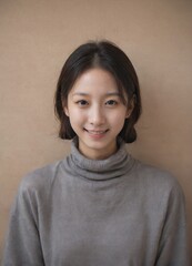 Fototapeta premium asian model)Smiling woman in gray turtleneck sweater, studio portrait