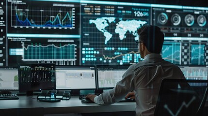 Transportation and delivery monitor room. Tracking AI and automatic robotic for transport packages in delivery business.