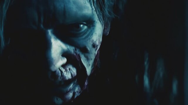 Close-up footage of zombie male face with mad eyes and blood on her face. Grainy cinematic night footage. Old witch. Horror footage. Halloween theme. Blue color grading. . High quality 4k footage