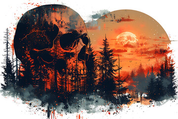 Skull in center of a dark foggy lake