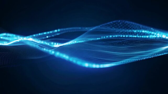 Abstract blue digital wave of glowing particles and dots on a black background