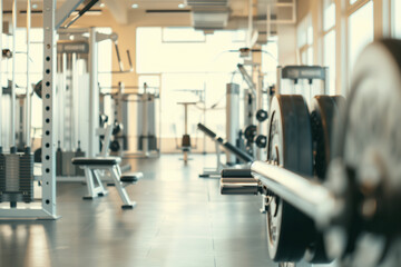 Fototapeta premium Nobody in a sleek modern gym interior with state-of-the-art machine equipment. Perfect for highlighting fitness club environments, wellness and health activities, and minimalist in