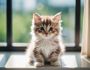 Fototapeta premium Ginger kitten with white markings and large blue eyes sits on windowsill. Window is out of focus, blurry cityscape in background. Warm inviting atmosphere. Caring for a pet. Сat is sad at home. AI