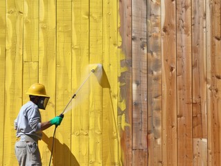 A focused worker applies bright yellow paint to a wooden wall, showcasing craftsmanship and dedication in home improvement.