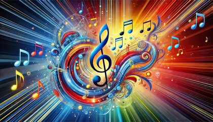 A vibrant abstract background with swirling lines, music notes, and a large treble clef