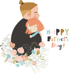 Cartoon father hugging his daughter in flowers. Vector illustration