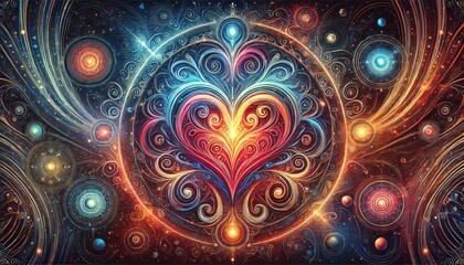 An abstract illustration of a swirling, colorful heart shape at the center of the image, with swirling patterns of light, dark, and bright colors all around it