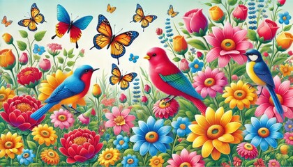 Three birds are perched on colorful flowers in a lush garden. Butterflies flit among the flowers