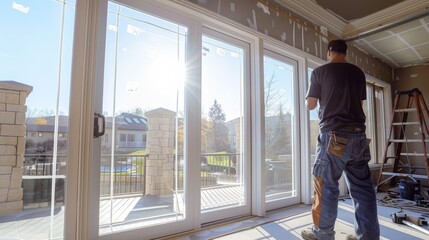 A worker installs large sliding glass doors, enhancing a bright and airy home interior with natural sunlight streaming in.