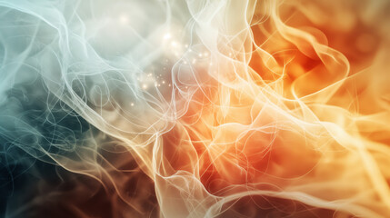 Obraz premium Abstract background with swirling lines and shapes in blue, gray, orange, and red hues, creating a dynamic and ethereal design.