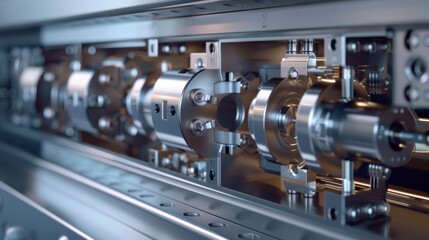 Close-up of intricate metal machinery showcasing gears and mechanical components in a sleek industrial design.