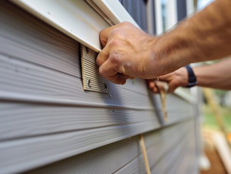 Close-up of hands installing siding on a house, showcasing craftsmanship and home improvement in progress.