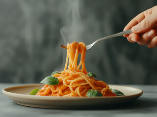 a hand holding a fork twirling spaghetti