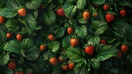 Obraz premium Hydroponic strawberries with lush green foliage and ripe red berries